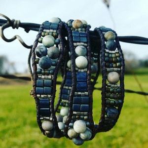Bracelet leather triple wrap gray jasper gemstones soft gray leather cord Czech glass beads pewter button yoga bracelet gift aromatherapy