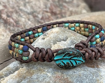 Turquoise leaf leather bracelet,matte Czech Picasso glass beads,softest brown leather,off the beadin path neosho,leather wrap bracelet,yoga