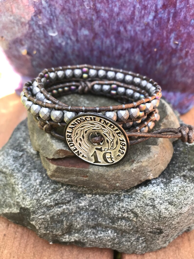 Heavy Metal Hematite/triple Wrap Leather Bracelet/hand Beaded Etsy