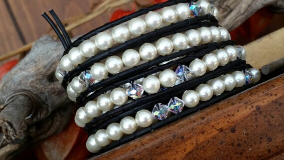 Leather Wrap Bracelet, Pearls and Crystal, a FOUR Wrap 