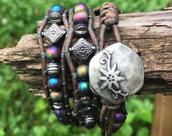 Rainbow hematite/grey leather triple wrap bracelet/rustic pewter beads/pewter button/off the beadin path neosho/fun festival jewelry/summer/