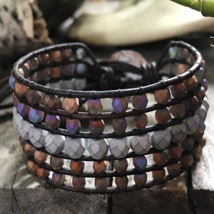 Czech glass beads, cuff bracelet, leather bracelet, rustic, hippie and boho, off the beadin path neosho, yoga jewelry, beach wear, leather