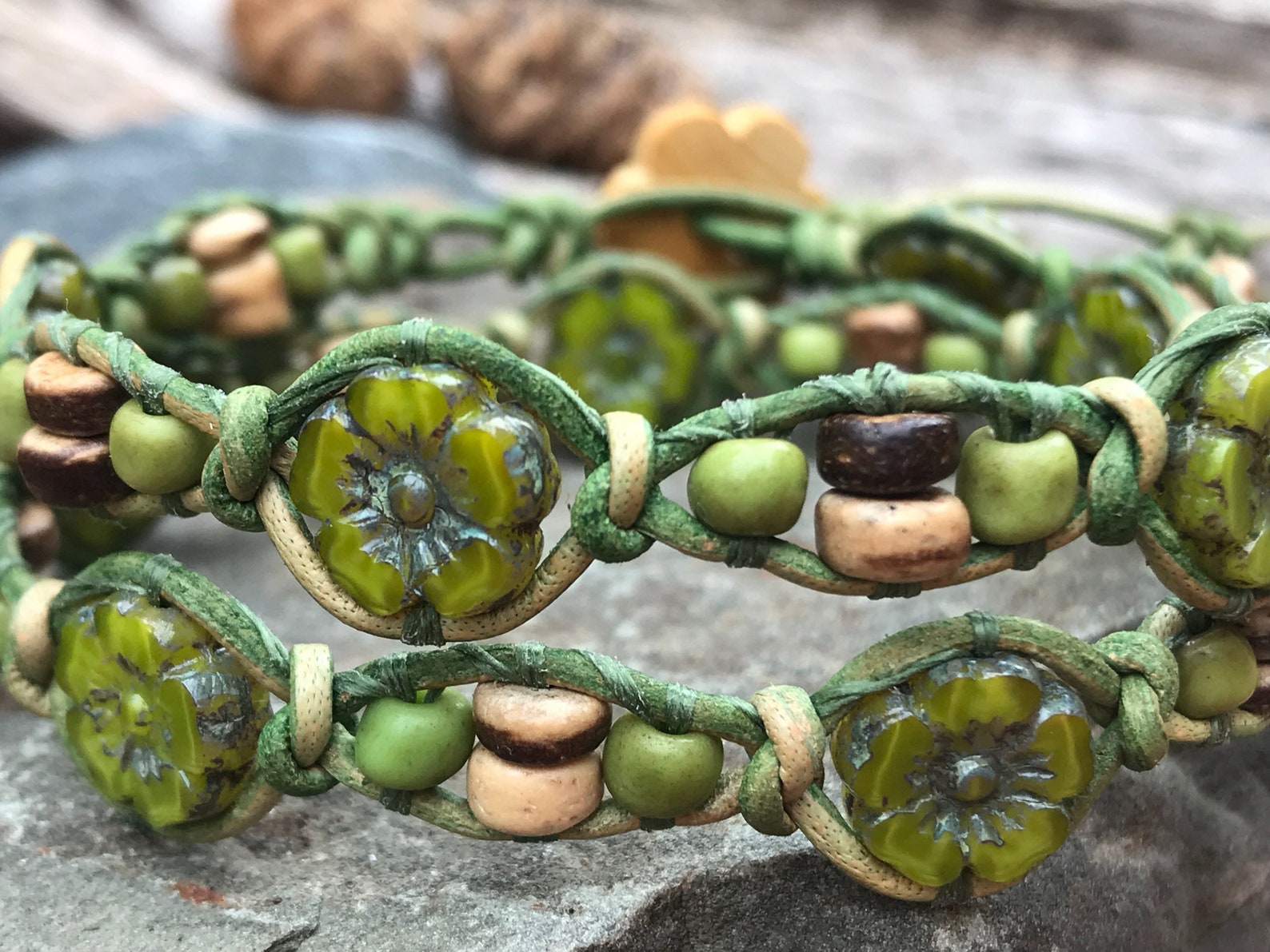 Leather Bracelet/green Leather Wrap Bracelet/czech Glass Etsy