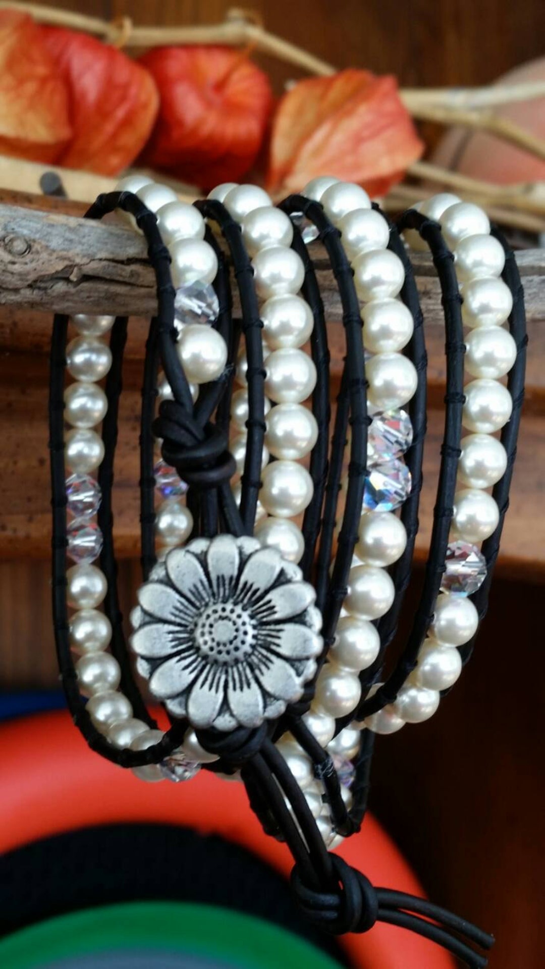 Leather Wrap Bracelet, Pearls and Crystal, a FOUR Wrap  display picture 3