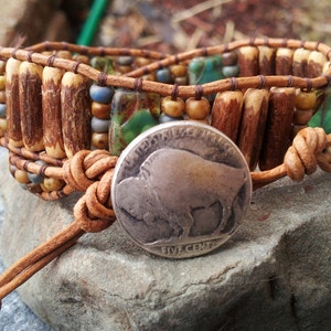The Cowgirl Bracelet/leather wrap bracelet/buffalo head nickel/czech glass beads/coconut tube beads/feed your inner Cowgirl/turquoise/fun
