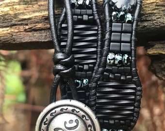 Paint it Black/leather triple wrap bracelet/off the beadin path neosho/black picasso czech glass beads/matte black twisted glass bugles/love
