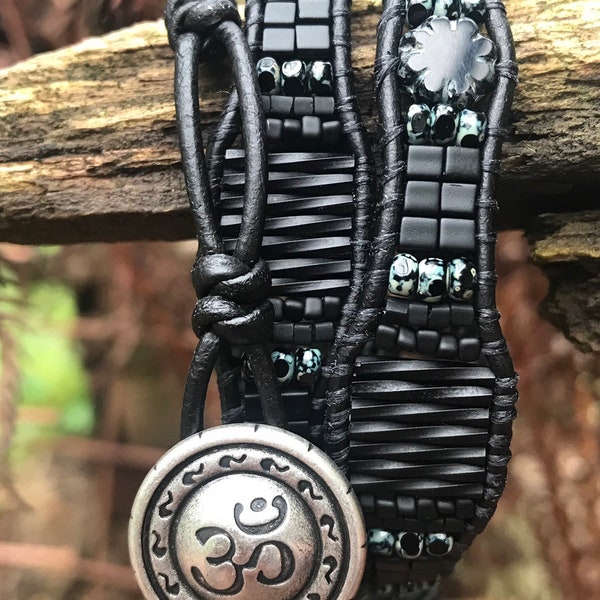 Paint it Black/leather triple wrap bracelet/off the beadin path neosho/black picasso czech glass beads/matte black twisted glass bugles/love