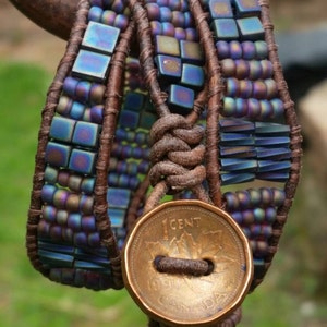 Electric blues/leather triple wrap bracelet/iridescent twisted glass bugles/blue glass czech beads/Copper penny clasp/off the beadin path