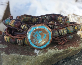 Earthy Triple Wrap Bracelet leather bracelet aged glass picasso Czech beads gorgeous turquoise copper button off the beadin path neosho