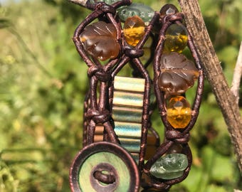 Autumn breeze/triple wrap leather bracelet/hand loomed/Czech glass/hematite beads/glass rondelles/softest brown leather/off the beadin path
