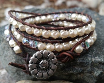 Ivory pearls and aurora borealis crystals leather wrap bracelet