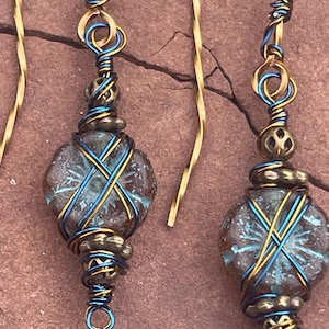 wildflower wild wire wrapped earrings,Czech Picasso glass flowers,wirewrapped,copper,blue,jewelry,dangle earrings,off the beadin path neosho