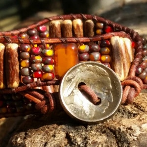 Rustic and Fun Autumn Double-Wrap Leather Bracelet/hand stitched/hand loomed/off the beadin path neosho/czech glass beads/coconut tubes/fun/