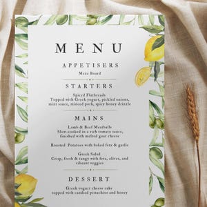 Elegantes Griechisches Dinner Party Menü | Mediterrane Menü Vorlage | Zitrone und Olive Aquarell Design | Bearbeitbares Canva-Menü
