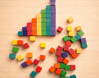 Wooden Counting Cubes 1 cm (66 pcs) – Montessori Math Manipulatives – Color Sorting Rainbow Blocks – Preschool Learning Toy