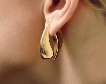 Teardrop Ear Jacket Earrings, Gold or Silver Two Sided Front Back Studs, Chunky Drop Statement Jewelry
