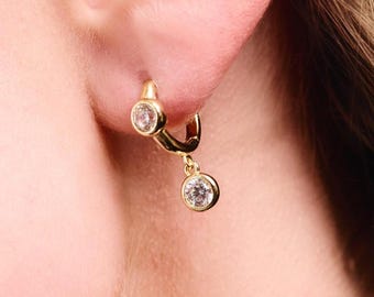 Gold Crystal Drop Huggie Earrings, Small Dangle Hoop Earrings in Sterling Silver, Minimalist CZ Stone Earrings, Dainty Everyday Jewelry