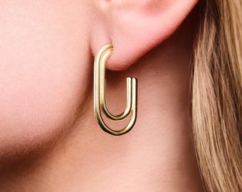 Double Loop Hoop Earrings Gold or Silver, Open Hoop Earrings, Minimalist Sterling Silver Drop Hoops, Everyday Statement Hoops