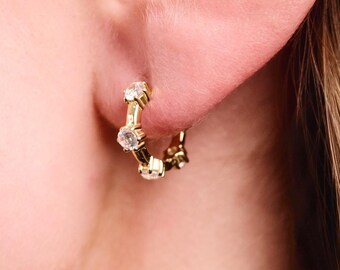 Gold CZ Huggie Earrings, Small Crystal Dangle Hoop Earrings, Sterling Silver Minimalist Huggies, Dainty Everyday Jewelry