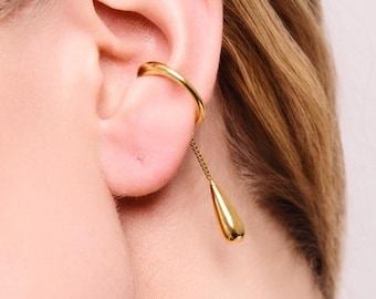 Teardrop Chain Drop Ear Cuff in Gold or Silver, No Piercing Cartilage Dangle Earring, Modern Statement Design