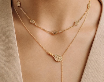 Gold Tennis Racket Necklace, Tennis Lariat Necklace, Crystal Tennis Pendant, Tennis Player Gift, Sport Jewelry for Women