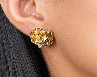 Gold Rose Stud Earrings, Flower Stud Earrings, Floral Earrings, Statement Studs, Romantic Jewelry Gift, Botanical Earrings