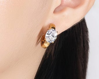 Gold CZ Hoop Earrings, Solitaire Crystal Hoop Earrings, Statement Huggie Hoops, Minimalist Earrings