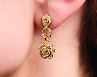 Rose Drop Earrings, Gold Sterling Silver Floral Dangle Earrings, Vintage Inspired Flower Earrings, Romantic Everyday Jewelry