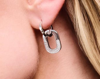 Crystal Link Hoop Earrings Sterling Silver, Pave Chain Link Hoops, Modern Statement Huggie Earrings, Drop Hoops CZ Crystal Sparkly Gemstones