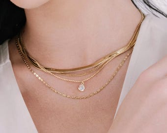 Layered Gold Necklace Set, Gold Chain Necklace Stack, Herringbone Rope Chain, Dainty Bezel CZ Pendant, Minimalist Statement Jewelry