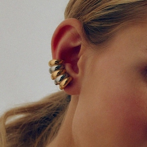 Two-Tone Gold Statement Studs, Long Stud Wrap Earrings, Wrap Around Chunky Cartilage Earrings, Mixed Metal Studs, Unique Ear Cuffs in Pair