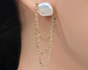 Baroque Pearl Chain Earrings, Gold Silver Pearl Drop Earrings, Statement Dangle Earrings, Freshwater Pearl Earrings, Bridal Gift