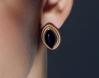 Black Onyx Marquise Earrings, Gold Oval Statement Studs, Chunky Vintage Style, Textured Rope Studs, Bold Sculptural Jewelry Gift