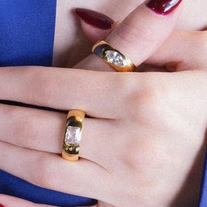 Zircon Gold Band Ring, Dainty Stacking Ring, Minimalist Gold Ring, Simple Gold Band, Thick Zircon Ring, Square or Teardrop Zircon Stone Ring