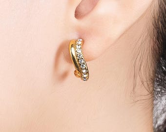 CZ Curved Hoop Earrings, Spiral Gold Crystal Drop Earrings, Pavé Statement Hoops, Modern Sculptural Jewelry Earrings