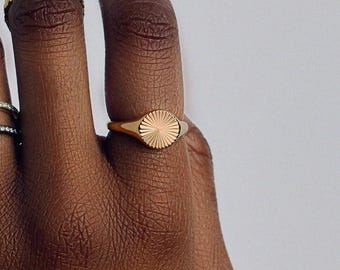 Signet Ring in Gold or Silver, Textured Sunburst Statement Ring, Minimal Modern Signet Jewelry, Ring Layering Stacks
