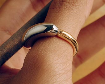 Two Tone Sculptural Ring, Mixed Metal Tubular Statement Ring, Chunky Silver Gold Ring, Modern Minimalist Jewelry