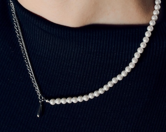 Pearl Chain Necklace, Half Pearl and Chain Necklace, Pearl Choker