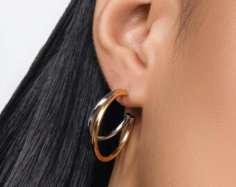 Two Tone Double Hoop Earrings, Gold and Silver Statement Hoops, Chunky Mixed Metal Earrings, Modern Everyday Jewelry