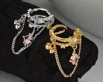 Chunky Chain Ear Cuff, Non Pierced Wrap Cartilage Cuff, Sterling Silver or Gold Clip On Dangle Jewelry, Zircon Gemstone Ear Cuff Charms
