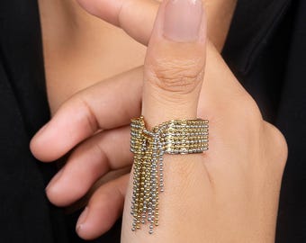 Gold Silver Tassel Ring, Fringe Statement Ring, Adjustable Open Ring, Beaded Chain Ring, Bold Chunky Ring, Cocktail Ring, Gift for Women