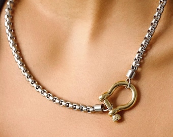 Collar de cadena de caja bicolor con cierre de mosquetón, cadena de cuerda dorada o plateada, collar llamativo de metal mixto