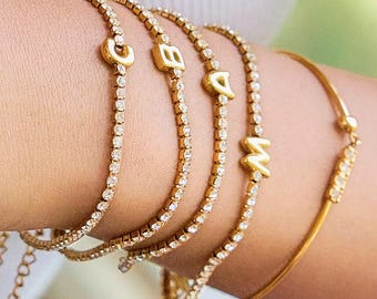 Puffy Letter Initial Tennis Bracelet, Gold Personalised Name Bracelet, Dainty CZ Chain Bracelet, Alphabet Jewelry