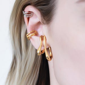 Brinco de argola grosso, dourado ou prateado, brinco de argola dupla pendente, brinco sem furo, joia marcante