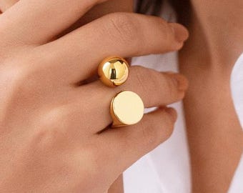 Chunky Gold Dome Statement Ring, Modern Open Ring, Sculptural Sphere Double Disc Ring, Silver or Two Tone Bold Art Ring