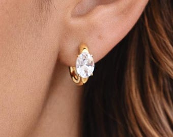 Gold CZ Huggie Hoop Earrings, Oval Cubic Zirconia Hoops, Minimalist Small Gold Earrings, Dainty Everyday Earrings
