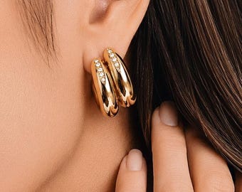 Chunky Double Hoop Earrings, Gold or Silver CZ Hoop Earrings, Thick Statement Huggie Hoops, Minimalist Everyday Earrings, Gift for Her