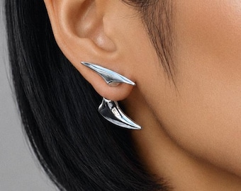 Silver Ear Jacket Earrings, Sculptural Front Back Studs, Double Sided Statement Earrings, Modern Abstract Horn Spike Jewelry