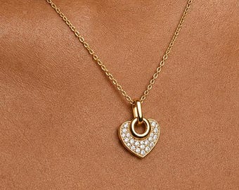 Gold & Silver Pavé Heart Pendant Necklace, Dainty Crystal Heart Necklace, Minimalist Romantic Jewelry Gift for Her
