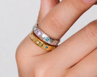 Colorful Gemstone Ring, Chunky Gold or Silver Band with Colorful Zircon and Starburst Details